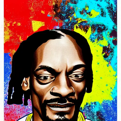 Image similar to snoop dogg from scaterred news paper, by mimmo rottela pop art