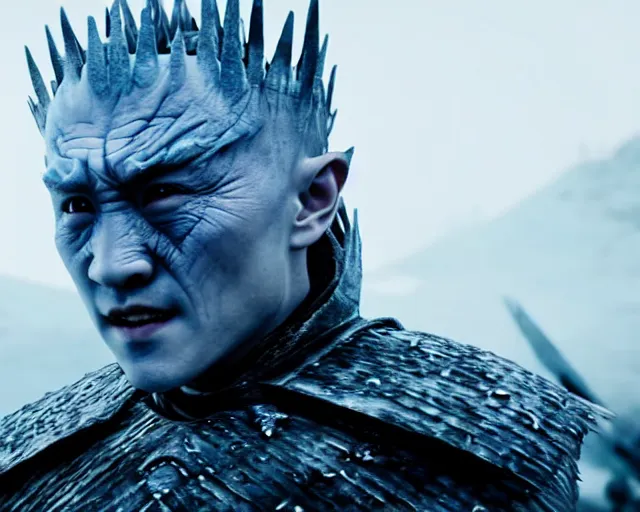 Image similar to justin sun as night king in game of thrones with giant crimson - black bees, 4 k, epic, cinematic, focus, movie still, fantasy, extreme detail, atmospheric, dark colour, sharp focus