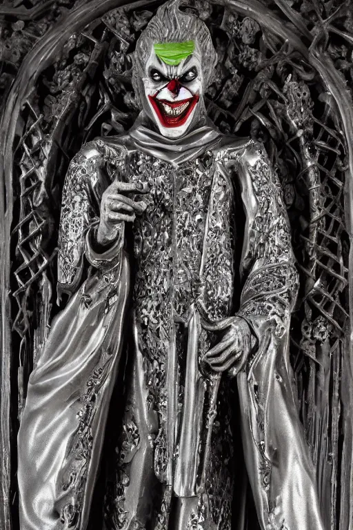 Image similar to a cinematic view of a ornated intricate gothic sacred statue of medieval joker made in light concrete, with few ornaments in shiny polished chrome, sculpted by gaudi, neutral background