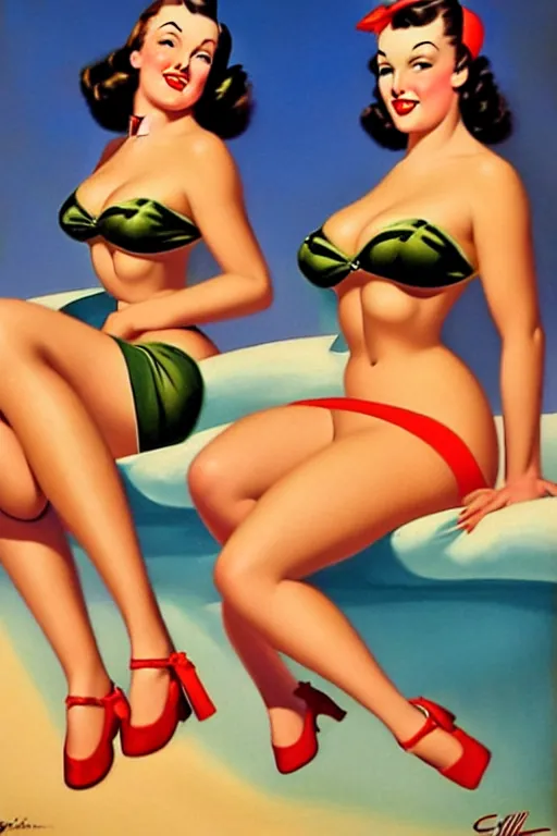 Image similar to 1940s group of pinup bikini girls, oil painting, by Gil Elvgren