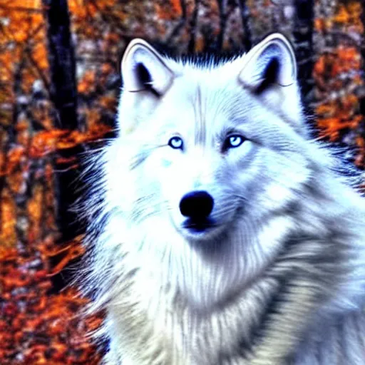 Image similar to a beautiful long - haired white wolf with blue eyes stands in a dormant autumn forest, no yellow color in eyes, no yellow color