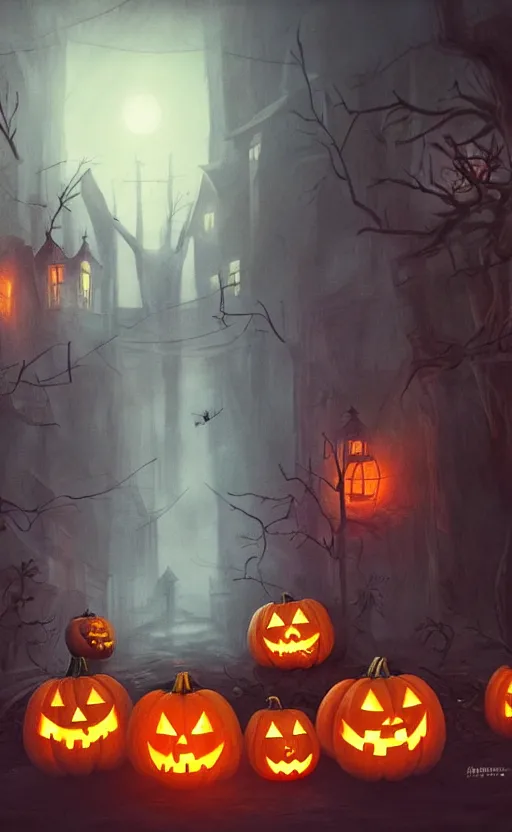 Image similar to a creepy and eery Halloween setting, with Jack o lanterns on the street and shadow figures lurking about, dynamic lighting, photorealistic fantasy concept art, stunning visuals, creative, cinematic, ultra detailed, trending on art station, spooky vibe