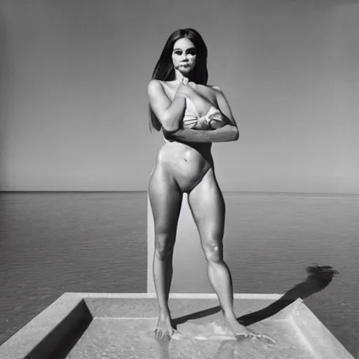 Image similar to “full body portrait of Sofia Vergara in a pink thong, standing by a pool. By Robert Mapplethorpe.”