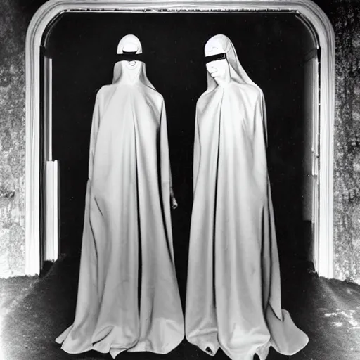 Image similar to phot of 1960’s award winning photo, two Floating twin nuns wearing hoods, buxom chested, blindfolded wearing translucent veils see through dress, Very long arms, bedroom, wood door, eerie, frightening, highly detailed, photorealistic, colorized —width 1024 —height 1024