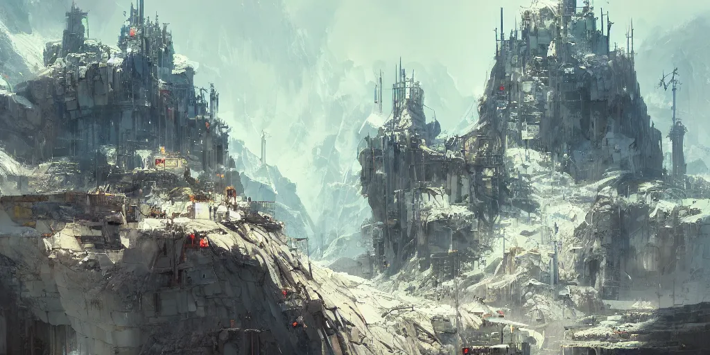 Image similar to concept art of a post apocalyptic monastery laboratory at the top of a jagged mountain, grimy, gritty, blade runner 2 0 4 9, trending on artstation, award winning painting, cgi, art by john berkey and anton fadeev and john howe and simon stalenhag