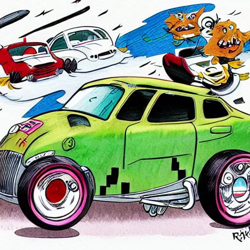 Image similar to funny, comic book style, racoon riding in a tiny hot rod coupe with oversized engine, ratfink style by ed roth, centered award winning watercolor pen illustration, by chihiro iwasaki, edited by range murata