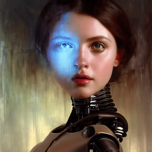 Image similar to hyperrealist portrait of a pretty young female robot with large eyes standing in front of a computer simulation by jeremy mann and alphonse mucha, fantasy art, photo realistic, dynamic lighting, artstation, poster, volumetric lighting, very detailed faces, award winning