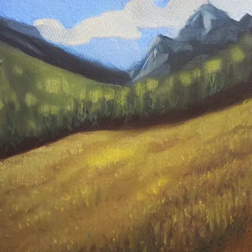 Prompt: cozy meadow at the base of a mountain. Oil on vellum.