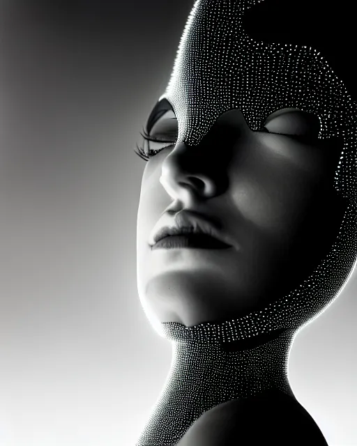 Prompt: black and white high quality photo of a beautiful female AI vegetal-cyborg looking into a sci-fi mirror, volumetric lighting, liminal space, brutalism, foggy, dreamy, hyperdetailed, bokeh, photorealistic, cinematic, masterpiece, elegant, dark, by Man Ray in the style of Horst P. Horst, octane render, 8K,