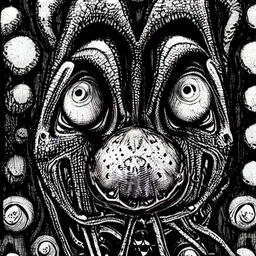 Image similar to closeup of an adorable, eldritch frog abomination of unimaginable horror by h. r. giger and junji ito, speculative evolution, op art with big bold patterns