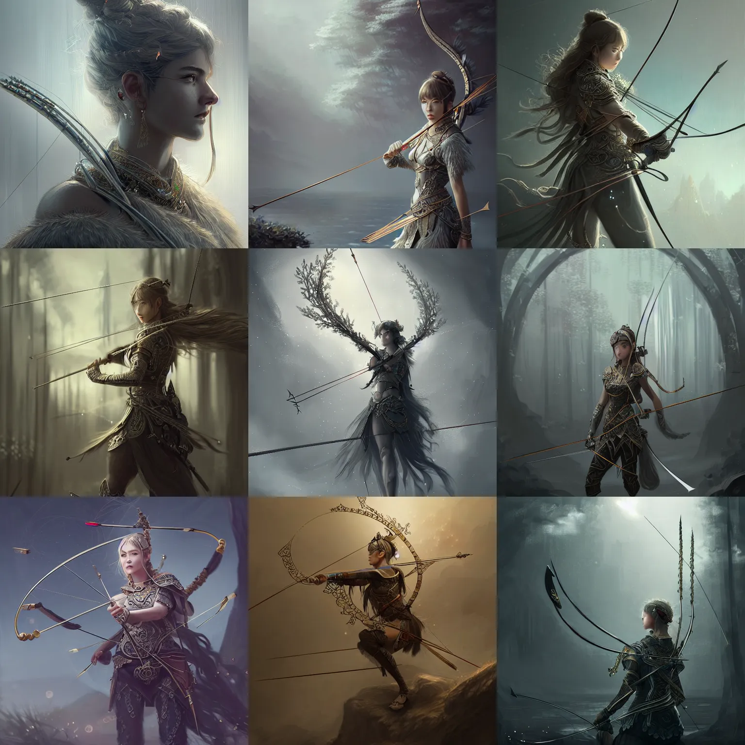 Image similar to beautiful extremely detailed intricate concept art depicting an archer by wlop. shining jewelry. grey atmosphere. particles in the background.