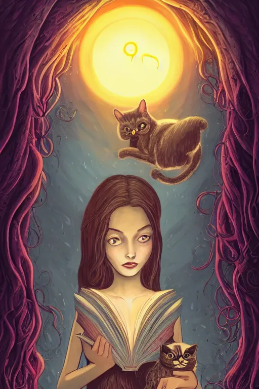 Image similar to romantic illustration of bright girl, her cat and her book of necronomicon, symmetrical, cinematic, sharp focus, 4 k, ultra hd, sense of awe, sinister demonic atmosphere, dreadful, forbidden knowledge, old gods, cthulhu, yog - sothoth! yah, yah, yah! cultist journal cover