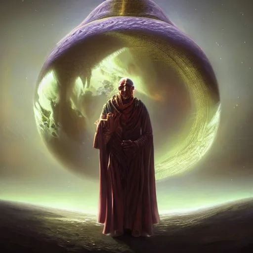 Image similar to male nomad wearing a cloak on an alien world and holding a holographic planet projection in his hand, covered face, detailed, sci - fi, digital painting, artstation, sharp focus, illustration, artgerm, tomasz alen kopera, peter mohrbacher, donato giancola, joseph christian leyendecker, wlop, frank frazetta