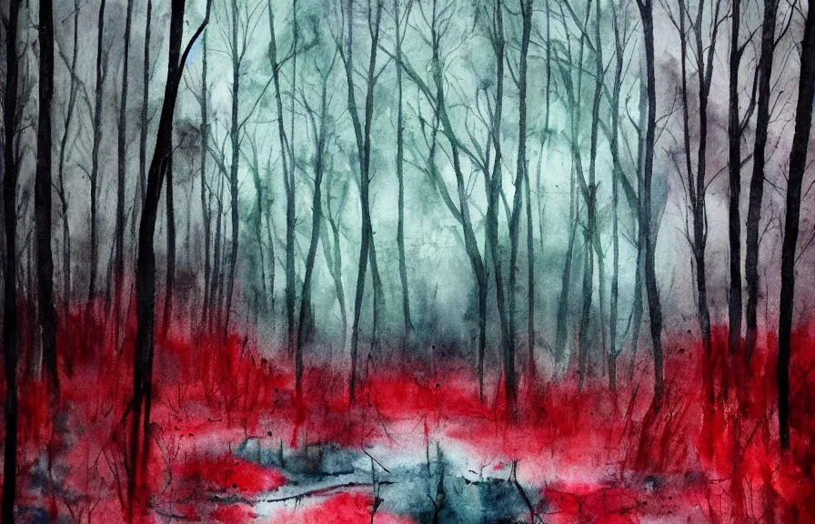 Prompt: dark and gloomy forest filled with toxic waste, dark stormy sky, raining red rain, watercolor painting