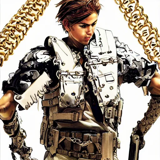 Image similar to portrait of a young white hero using his right arm to hold his sword covering his eye by yoji shinkawa, high quality, extra details, realism, ornate, colored, golden chain, blood, white skin, short hair, brown eyes, vivid, sunlight, dynamic, american man, freedom, white american soldier, painting, cybernetics, military