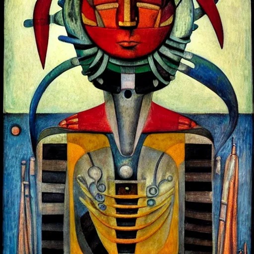 Prompt: portrait of a robot shaman, by annie swynnerton and edward hopper and diego rivera and rufino tamayo and jean delville and evelyn de morgan, art deco shaman, stylized geometric flowers, art brut, outsider art, symbolist, dramatic lighting, god rays, clean crisp graphics, smooth sharp focus, extremely detailed, adolf wolfli