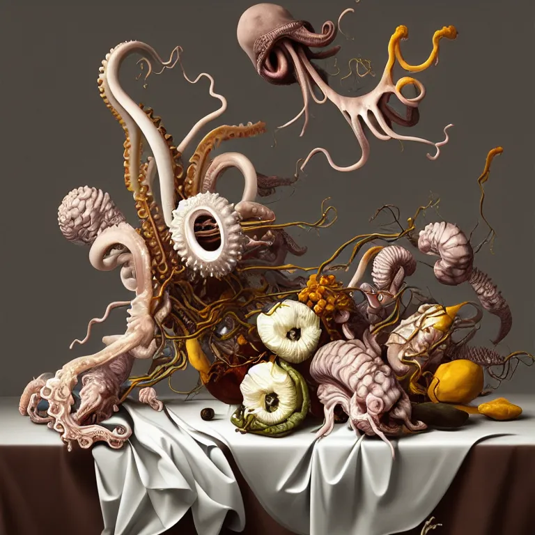 Image similar to still life of flowers on a table, alien squid, white octopus, , surreal alien ribbed fruit, human spine, baroque painting, beautiful detailed intricate insanely detailed octane render trending on Artstation, 8K artistic photography, photorealistic, chiaroscuro, Raphael, Caravaggio, infrared photo