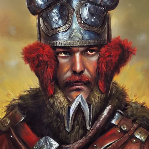 Image similar to a russian warrior who is wearing iron gauntlets in the shape of bear claws in the style of warhammer fantasy : : head and shoulders oil painting