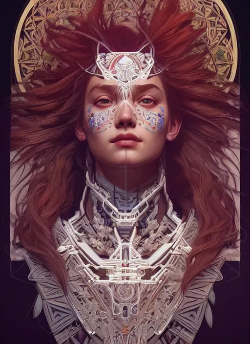 Image similar to symmetry!! portrait of floral! horizon zero dawn machine, intricate, elegant, highly detailed, digital painting, artstation, concept art, smooth, sharp focus, illustration, art by artgerm and greg rutkowski and alphonse mucha, 8 k