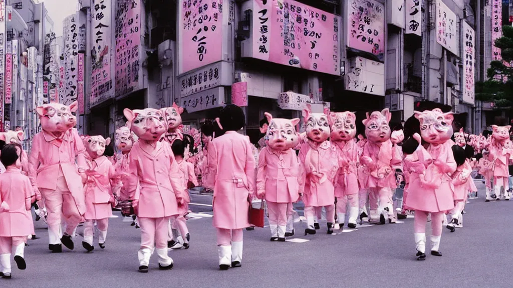 Prompt: manga of the imperial family in a parade on the streets Tokyo the imperial family are all dressed in pink and wearing pig masks, film still from the an anime directed by Katsuhiro Otomo with art direction by Salvador Dalí, wide lens