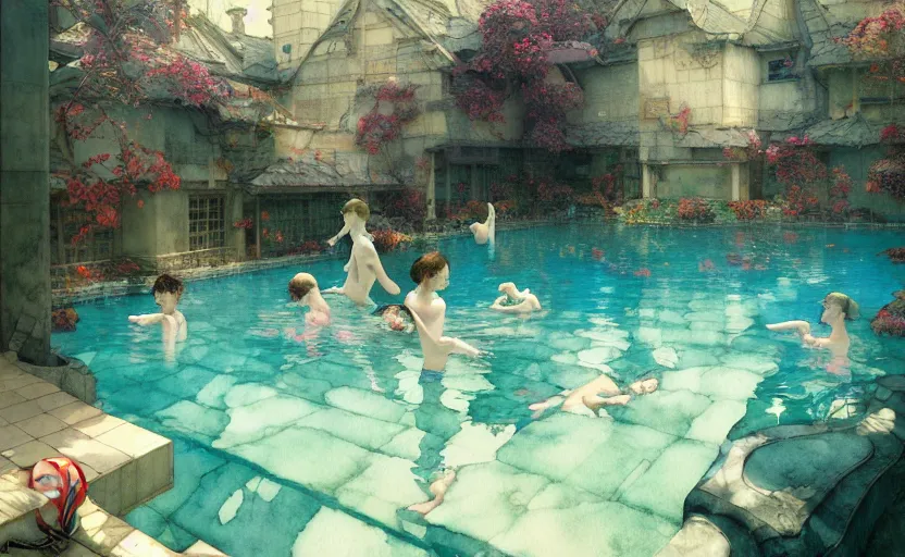 Image similar to swimming pool, fantasy. intricate, amazing composition, colorful watercolor, by ruan jia, by maxfield parrish, by marc simonetti, by hikari shimoda, by robert hubert, by zhang kechun, illustration, gloomy