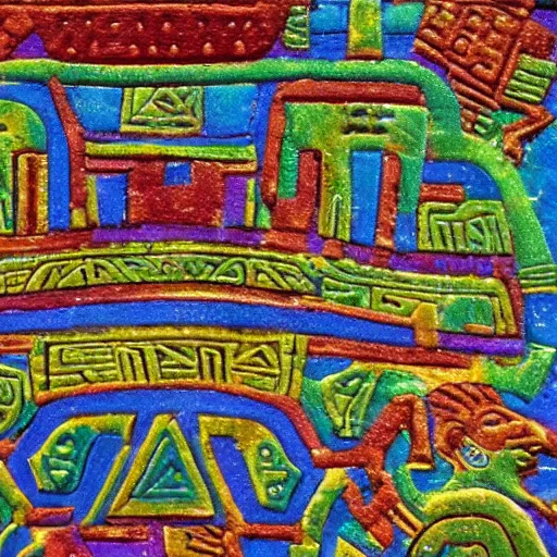 Prompt: a high detailed picture of mayan hieroglyphics showing ufos 4k