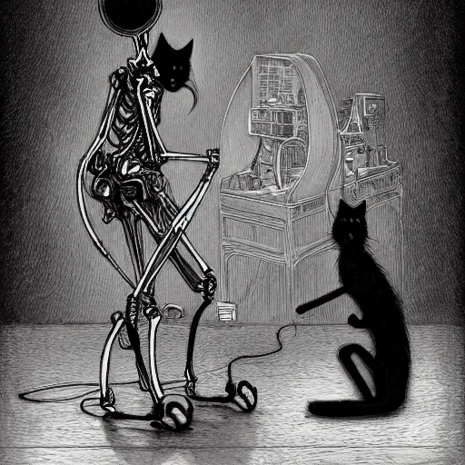 Image similar to skeleton wearing headphones, watching girl playing guitar while her black cat standing next to her, detailed intricate ink illustration, dark atmosphere, detailed illustration, hd, 4k, digital art, overdetailed art, by greg rutkowski, by loish, complementing colors, Trending on artstation