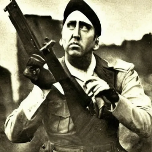 Prompt: nic cage fighting in world war one, vintage photography,