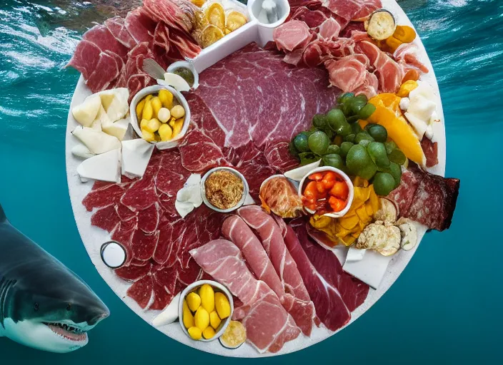 Image similar to underwater photo still of a great white shark eating a charcuterie platter, 8 k