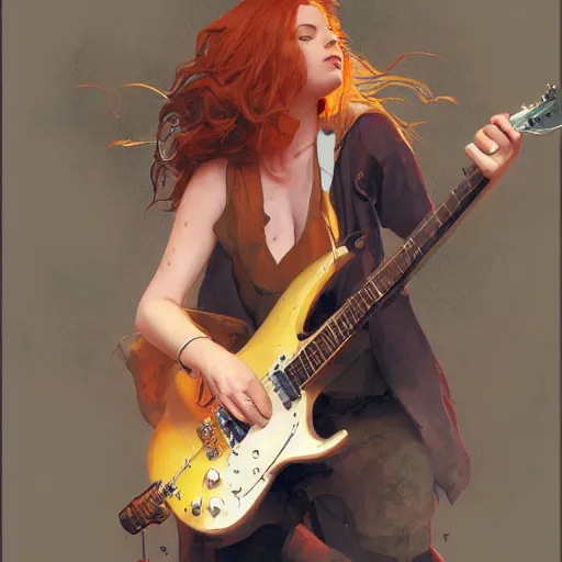 Image similar to a ginger hardrocker cat playing electric guitar, cinematic lighting, highly detailed, digital painting, artstation, concept art, smooth, sharp focus, illustration, art by Terry Moore and Greg Rutkowski and Alphonse Mucha