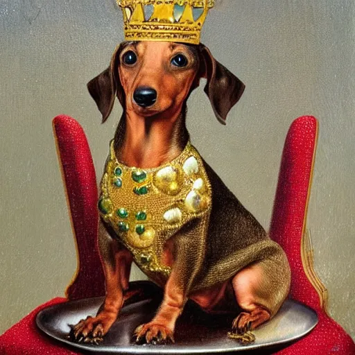 Image similar to Victorian painting of a Dachshund sitting on a golden throne wearing a jewelled crown being fed cooked chicken by an android