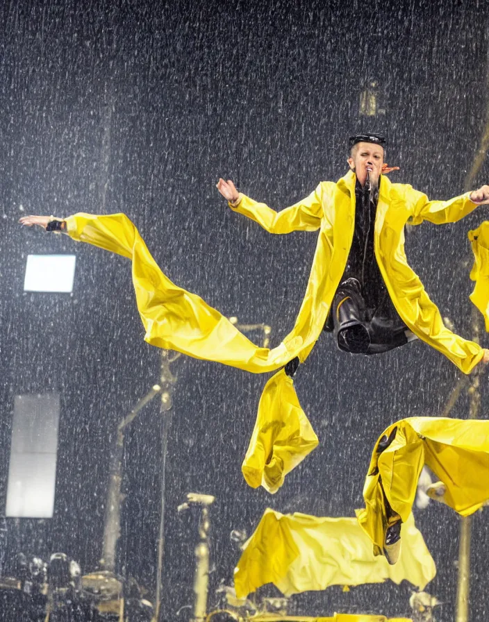 Image similar to yellow zara raincoat flying hanging mid - air on a rainy wet stage designed by james terrell