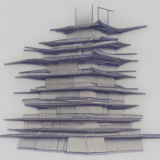 Image similar to architectural diagram of brutalist fascist cyberpunk Japanese castle by Zaha Hadid, Beksinski, Moebius, and Rutkowski