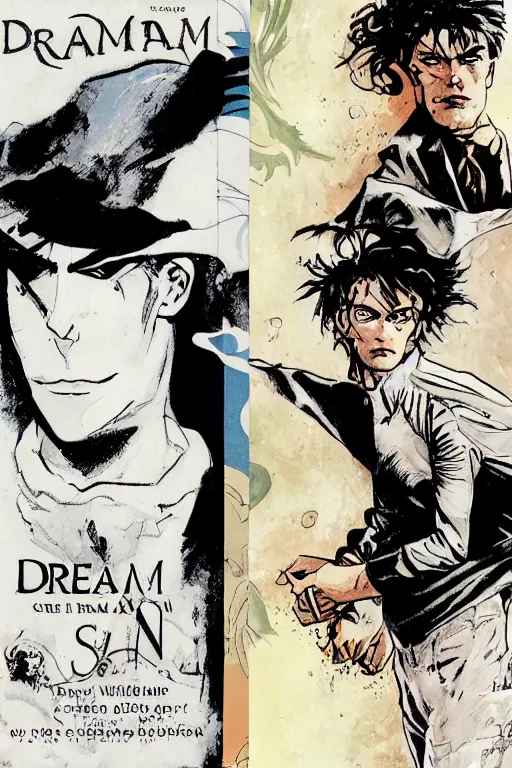 Prompt: dream from sandman comic book and corto maltese, staring at each other, close up, portraits, comic book cover