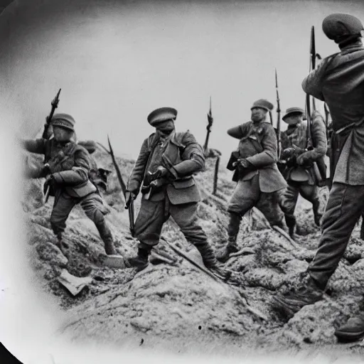 Image similar to soldiers fighting in trenches, war, black and white, polaroid photo, hyper realistic, 4 k, highly ornate intricate details, sharp image, incredible detail,