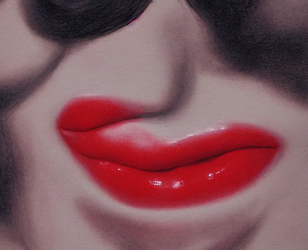 Image similar to realistic and detailed soft airbrush of a glossy scarlet red mouth on white background, inspired by 8 0's airbrush illustrations, art by pater sato
