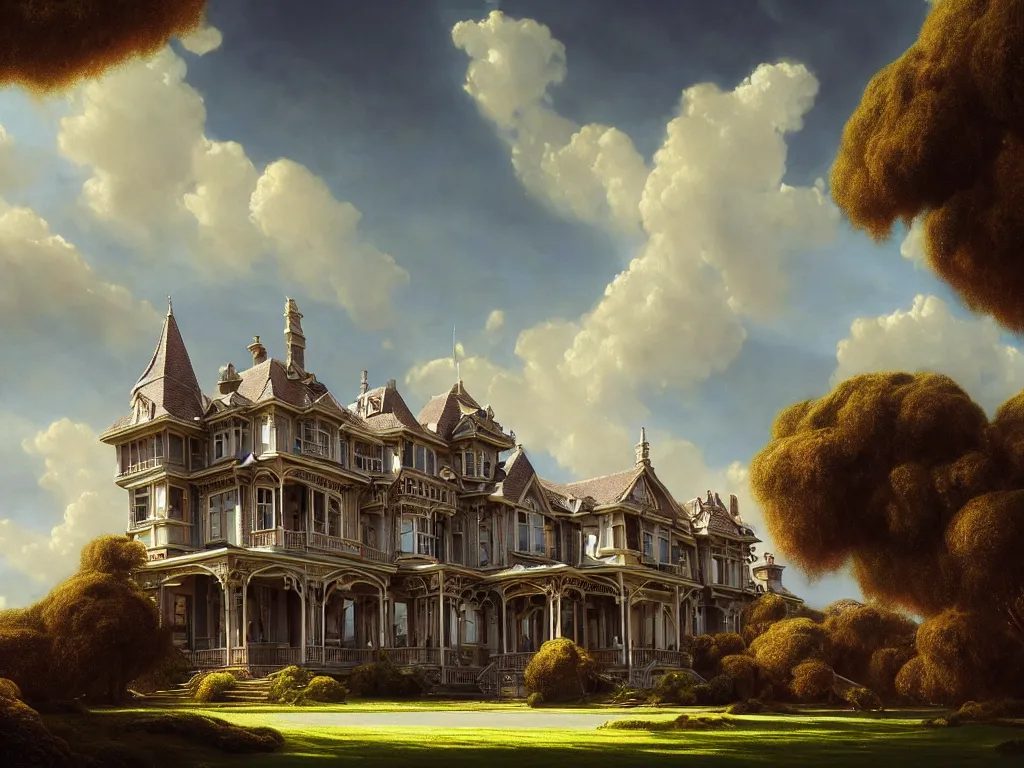 Prompt: gorgeous complex victorian mansion in a beautiful coastal landscape, sunny sky with fluffy clouds, iredescent soft glow bloom effect, dream - like, baroque portrait painting, perfect composition, beautiful detailed, intricate detailed octane render, unreal engine 5, trending on artstation, 8 k, chiaroscuro, masterpiece, raphael, caravaggio, beksinski, ghibli