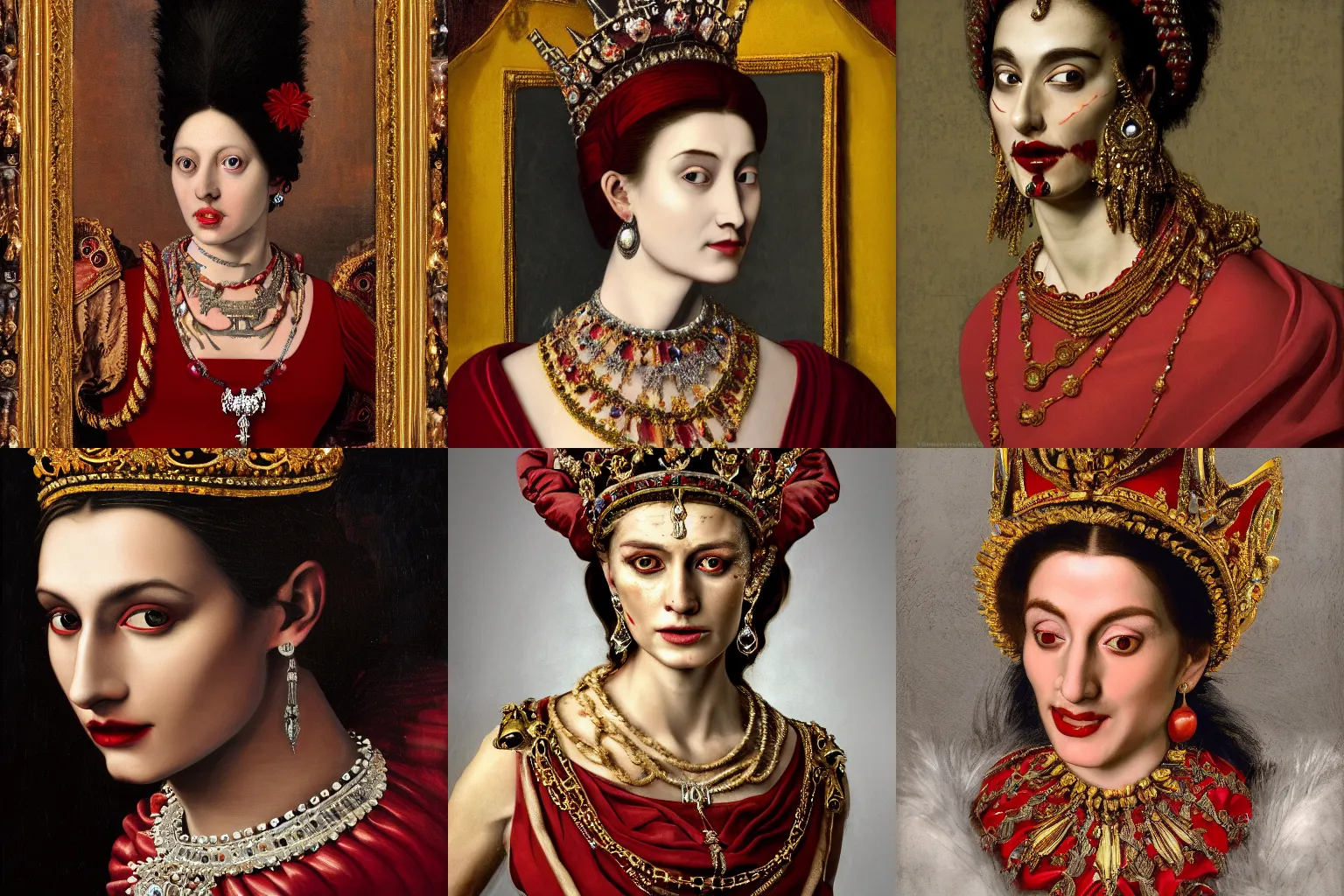 Prompt: A extremely highly detailed majestic hi-res beautiful head and shoulders painting of a beautiful bloody vampre woman with fangs wearing a long royal red silk dress, the crown jewels is on her head and around her neck is a ornate golden necklace decorated with diamonds and rupees by Michelangelo Merisi da Caravaggio, high detail, hyperrealistic, photorealistic, octante render, cinematic, high textures, royaltly, royal, hyper sharp, 4k insanely detailed and intricate, hypermaximalist, 8k, hyper realistic, super detailed, 4k HDR hyper realistic high,