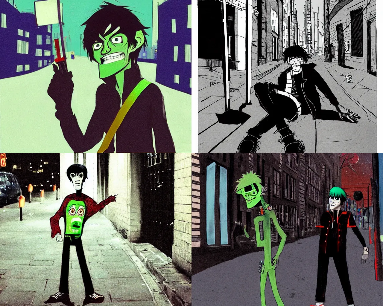 Prompt: murdoc niccals on an urban London street at night, 2001, gorillaz phase 1