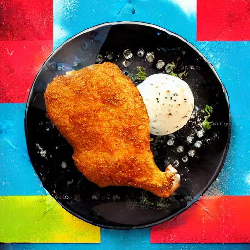 Image similar to chicken fried on a computer cpu plate, food, poster, orthographic, octane