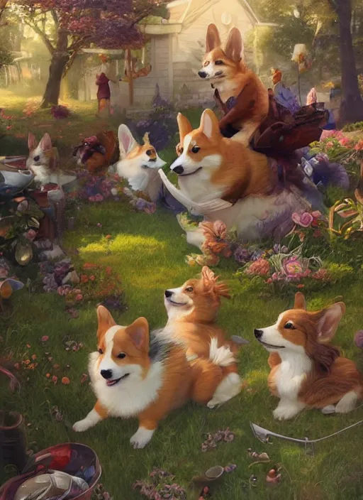 Image similar to beautiful fantasy painting scne of a chill summer corgi party, by Kenne Gregoire, James Jean, Tran Nguyen, WLOP, Jakub Rebelka. trending on Artstation, 8k, masterpiece, face enhance, graffiti paint, fine detail, full of color, intricate detail, golden ratio illustration