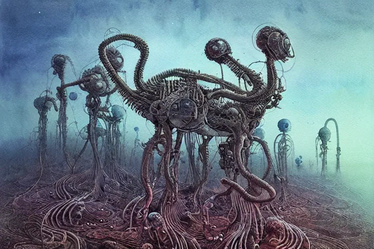 Image similar to a surreal and awe - inspiring science fiction landscape, alien plants and animals, intricate, elegant, highly detailed watercolor painting by beksinski and simon stalenhag