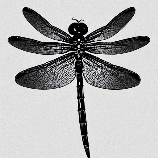 Image similar to dragonfly, black and white, botanical illustration, black ink on white paper, bold lines