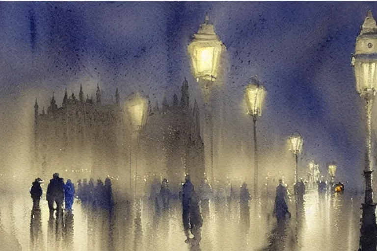 Image similar to a watercolour of rainy night at London ,blue and grey theme by Josepth zbukvic