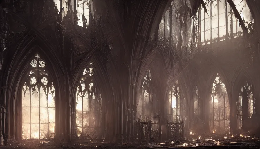 Image similar to Inside of a burning damaged Neo-Gothic castle's entrance hall with big stairs, fire with ashes, hyperdetailed, artstation, cgsociety, 8k