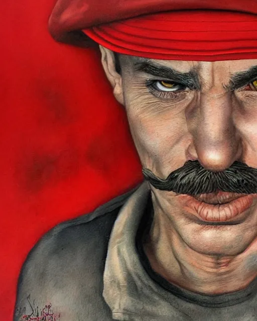 Image similar to portrait of real life super mario, red cap, gritty, dark, beautiful, very detailed, hyperrealistic, medium shot, very detailed painting by Glenn Fabry, by Joao Ruas