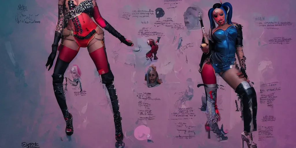 Prompt: nicki minaj as harley quinn, character sheet, concept design, contrast, hot toys, kim jung gi, greg rutkowski, zabrocki, karlkka, jayison devadas, trending on artstation, 8 k, ultra wide angle, pincushion lens effect