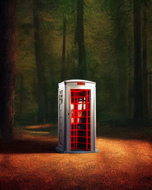 Image similar to bill and ted phone booth in the woods, hyper realism, cinematic, volumetric lighting, octane render, unreal engine, 8 k, concept art, digital art, deviantart artstation,