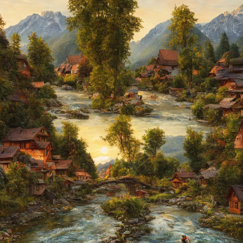 Prompt: high - quality realist painting of a river crossing a traditional bavarian village in a valley in the alps at dawn, peaceful, very detailed, digital art.