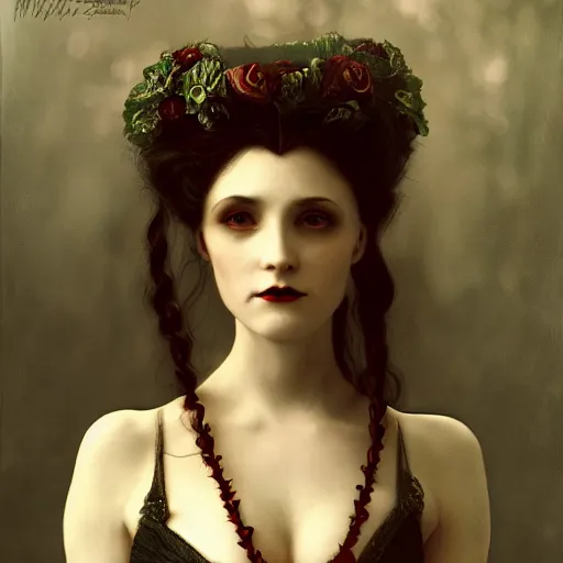 Image similar to portrait of a lady vampire, 35mm, victorian, depth of field, ominous, sharp, highly detailed, photorealistic, realistic, unreal 5, high definition, 8k, deviantart, irwin penn, Alphonse Mucha